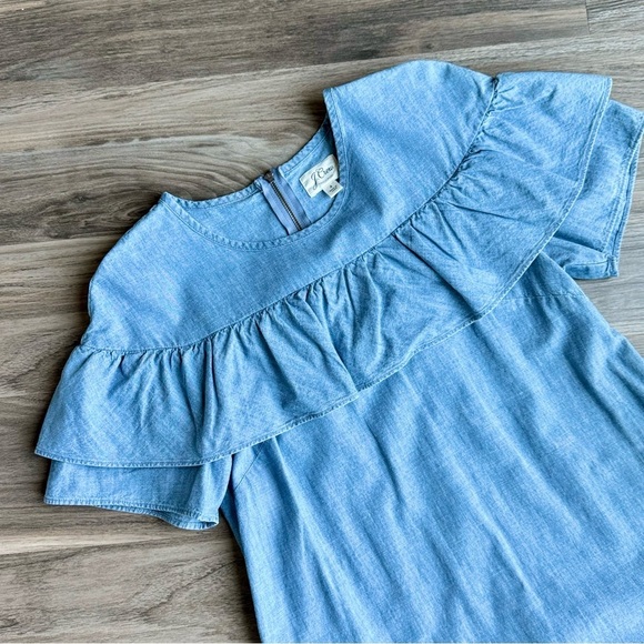 J.Crew Edie Chambray Ruffle Shift Cotton Yoke Dress –With Pockets - Size 4 - Picture 3 of 15